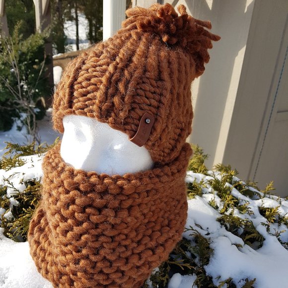 Knitted Hat and Scarf, wool made winter set, cinnamon - Picture 5 of 7